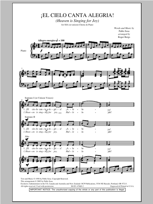 Learn to play Roger Bergs El Cielo Canta Alegria! (Heaven Is Singing For Joy!) sheet music for SSA Choir in minutes. Price: 3.9900$ Roger Bergs El Cielo Canta Alegria! (Heaven Is Singing For Joy!) sheet music notes and chords arranged for SSA Choir