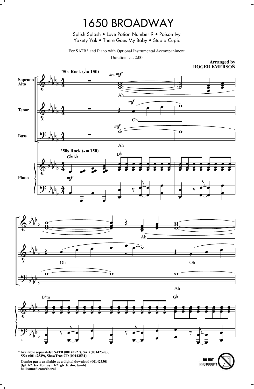 Learn to play Roger Emerson 1650 Broadway (Medley) sheet music for SSA Choir in minutes. Price: 3.9900$ Roger Emerson 1650 Broadway (Medley) sheet music notes and chords arranged for SSA Choir