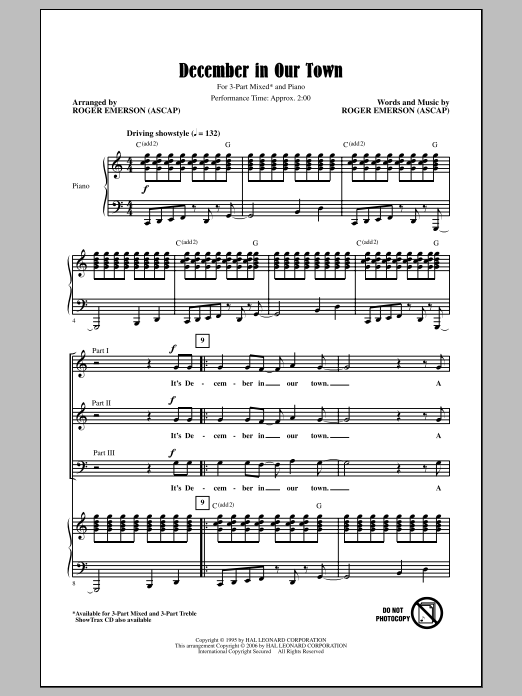 Learn to play Roger Emerson December In Our Town sheet music for 3-Part Treble Choir in minutes. Price: 3.9900$ Roger Emerson December In Our Town sheet music notes and chords arranged for 3-Part Treble Choir