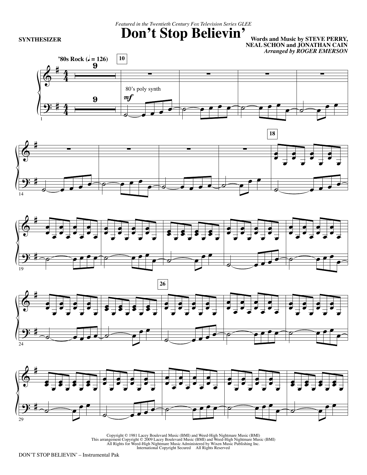 Learn to play Roger Emerson Don't Stop Believin' - Synthesizer sheet music for Choir Instrumental Pak in minutes. Price: 8.9900$ Roger Emerson Don't Stop Believin' - Synthesizer sheet music notes and chords arranged for Choir Instrumental Pak
