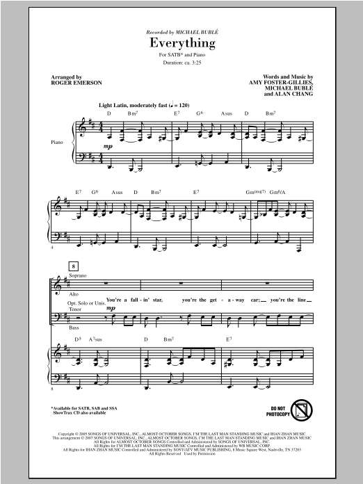 Michael Buble Everything (arr. Roger Emerson) sheet music notes and chords arranged for SATB Choir