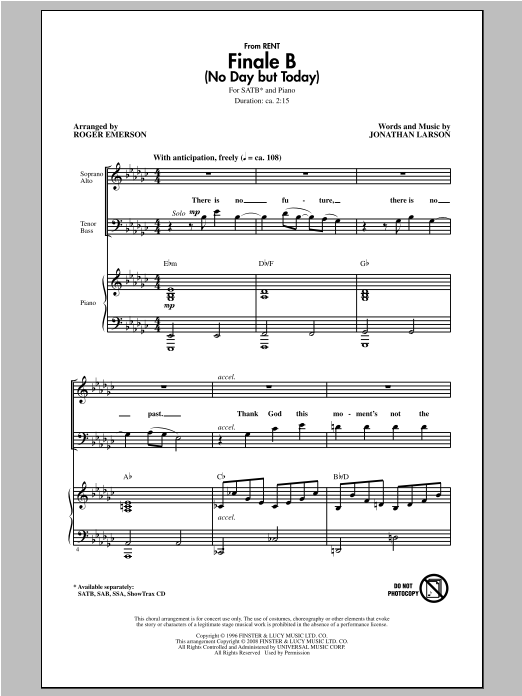 Jonathan Larson Finale B (No Day But Today) (arr. Roger Emerson) sheet music notes and chords. Download Printable PDF.