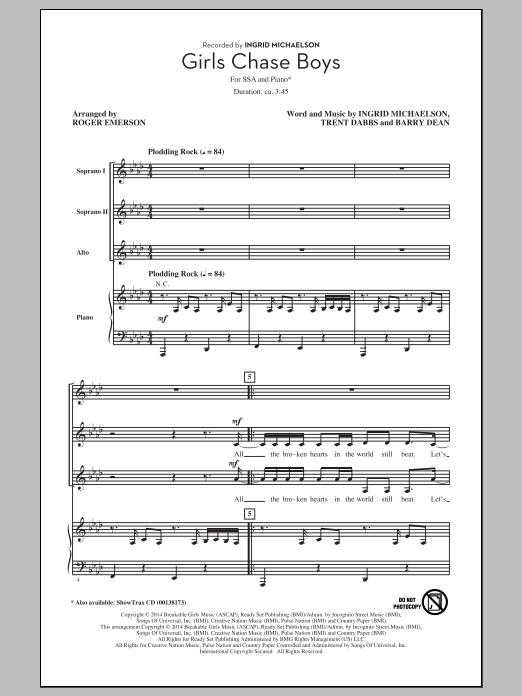 Ingrid Michaelson Girls Chase Boys (arr. Roger Emerson) sheet music notes and chords. Download Printable PDF.