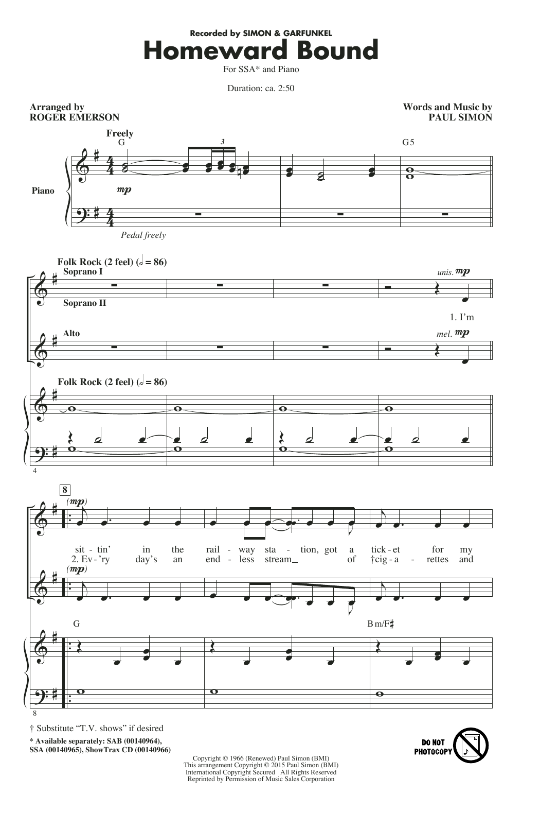 Simon & Garfunkel Homeward Bound (arr. Roger Emerson) sheet music notes and chords. Download Printable PDF.