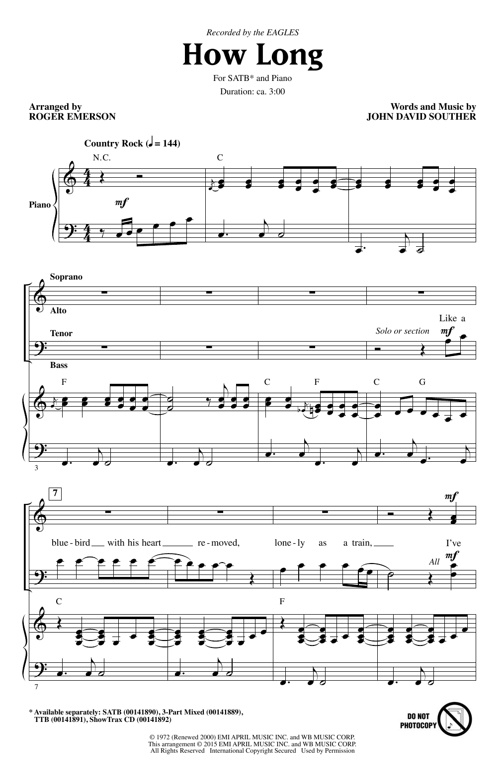 Eagles How Long (arr. Roger Emerson) sheet music notes and chords. Download Printable PDF.