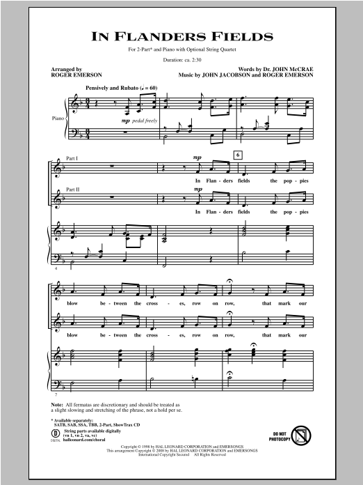 John McCrae In Flanders Fields (arr. Roger Emerson) sheet music notes and chords. Download Printable PDF.