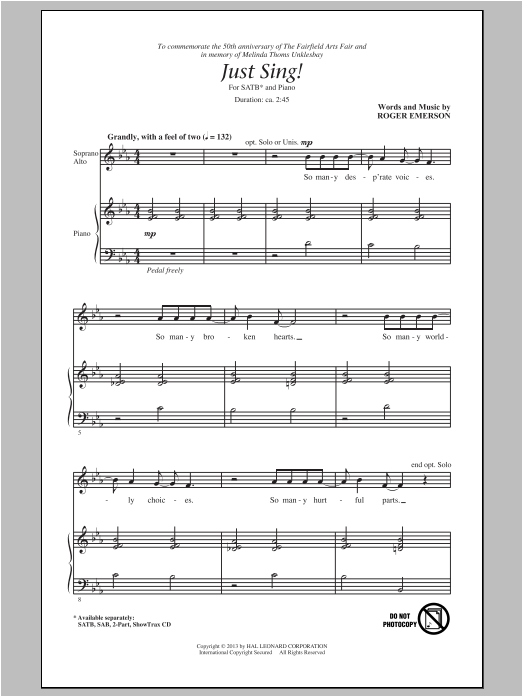 Roger Emerson Just Sing sheet music notes and chords. Download Printable PDF.