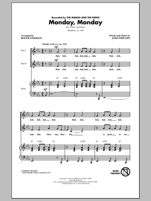 Roger Emerson Monday, Monday sheet music notes and chords. Download Printable PDF.