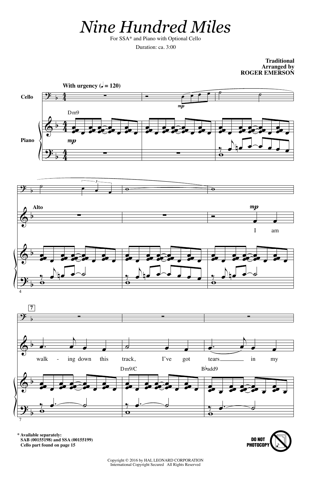 Roger Emerson Nine Hundred Miles sheet music notes and chords. Download Printable PDF.