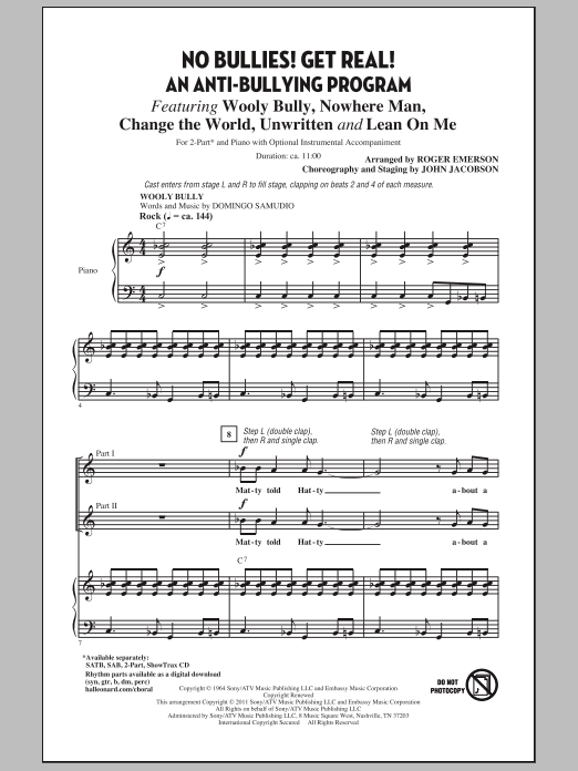 Learn to play John Jacobson No Bullies! Get Real! (arr. Roger Emerson) sheet music for 2-Part Choir in minutes. Price: 4.7900$ John Jacobson No Bullies! Get Real! (arr. Roger Emerson) sheet music notes and chords arranged for 2-Part Choir
