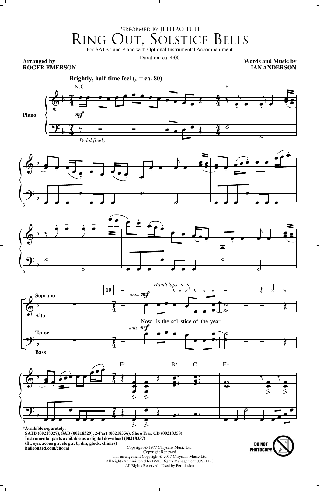 Learn to play Jethro Tull Ring Out, Solstice Bells (arr. Roger Emerson) sheet music for SATB Choir in minutes. Price: 3.9900$ Jethro Tull Ring Out, Solstice Bells (arr. Roger Emerson) sheet music notes and chords arranged for SATB Choir