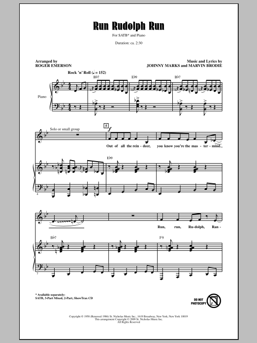 Roger Emerson Run Rudolph Run sheet music notes and chords. Download Printable PDF.