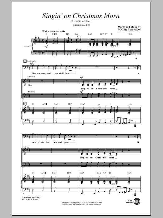 Learn to play Roger Emerson Singin' On Christmas Morn sheet music for 2-Part Choir in minutes. Price: 3.9900$ Roger Emerson Singin' On Christmas Morn sheet music notes and chords arranged for 2-Part Choir