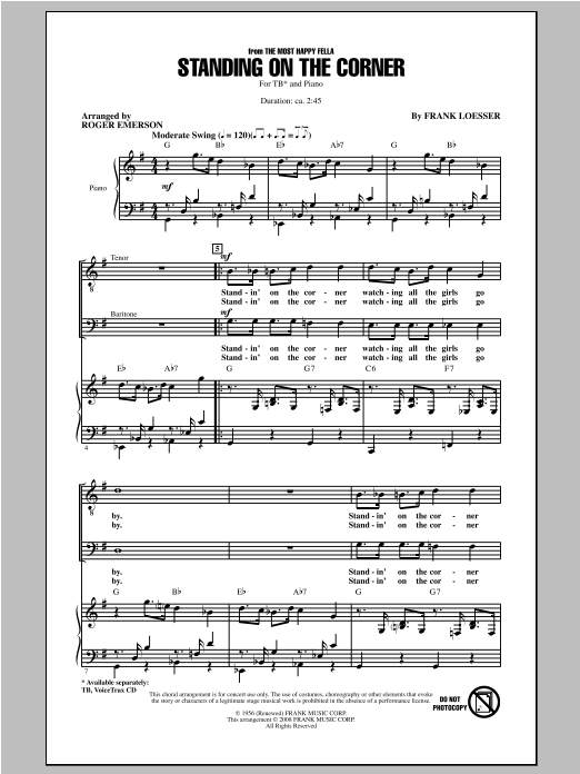 Learn to play Roger Emerson Standing On The Corner sheet music for TB Choir in minutes. Price: 3.9900$ Roger Emerson Standing On The Corner sheet music notes and chords arranged for TB Choir
