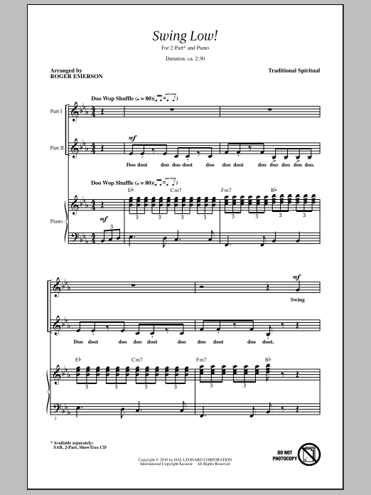 Learn to play Roger Emerson Swing Low, Sweet Chariot sheet music for 2-Part Choir in minutes. Price: 3.9900$ Roger Emerson Swing Low, Sweet Chariot sheet music notes and chords arranged for 2-Part Choir