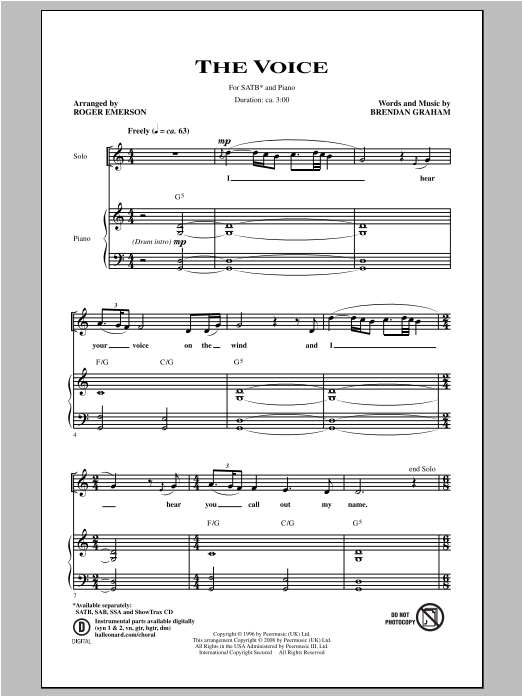 Roger Emerson The Voice sheet music notes and chords arranged for SATB Choir