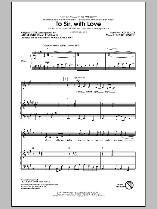 Learn to play Roger Emerson To Sir, With Love sheet music for 2-Part Choir in minutes. Price: 3.9900$ Roger Emerson To Sir, With Love sheet music notes and chords arranged for 2-Part Choir