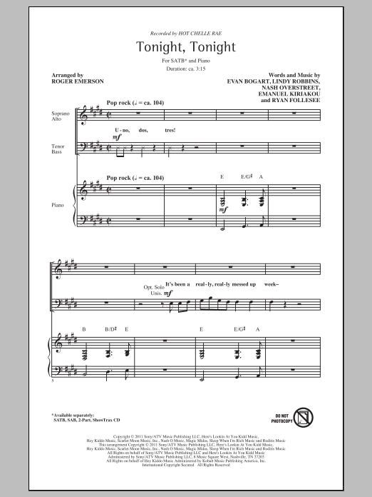 Hot Chelle Rae Tonight Tonight (arr. Roger Emerson) sheet music notes and chords. Download Printable PDF.