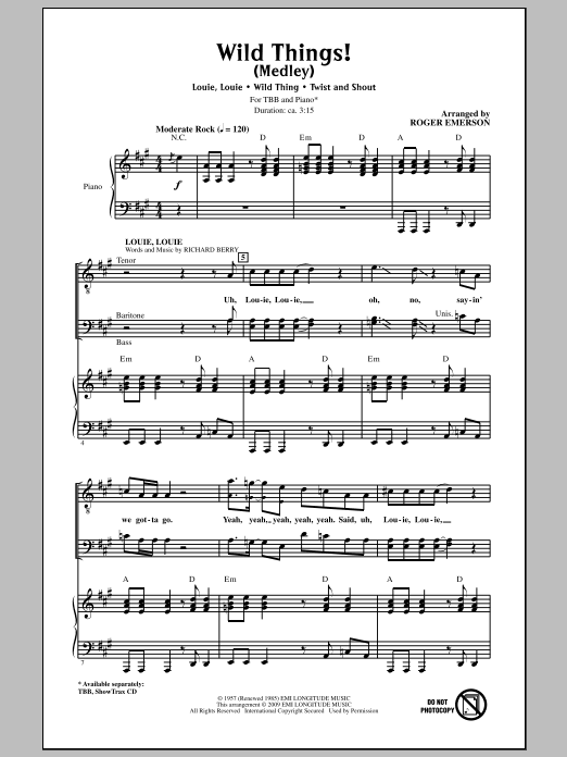 Learn to play Roger Emerson Wild Things! (Medley) sheet music for TBB Choir in minutes. Price: 3.9900$ Roger Emerson Wild Things! (Medley) sheet music notes and chords arranged for TBB Choir