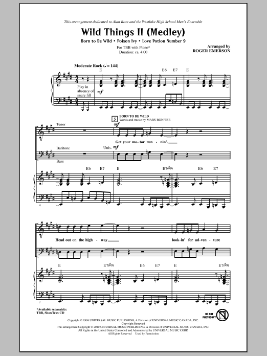 Learn to play Roger Emerson Wild Things II (Medley) sheet music for TBB Choir in minutes. Price: 3.9900$ Roger Emerson Wild Things II (Medley) sheet music notes and chords arranged for TBB Choir