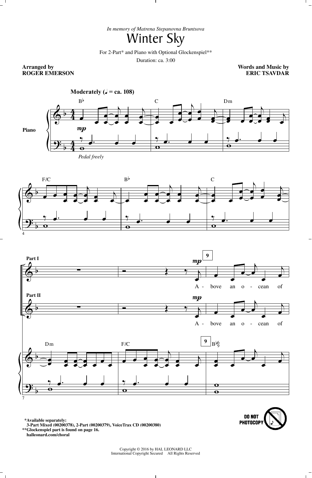 Roger Emerson Winter Sky sheet music notes and chords. Download Printable PDF.