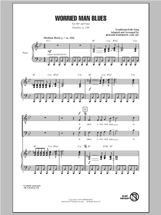 Learn to play Traditional Folksong Worried Man Blues (arr. Roger Emerson) sheet music for TB Choir in minutes. Price: 3.9900$ Traditional Folksong Worried Man Blues (arr. Roger Emerson) sheet music notes and chords arranged for TB Choir