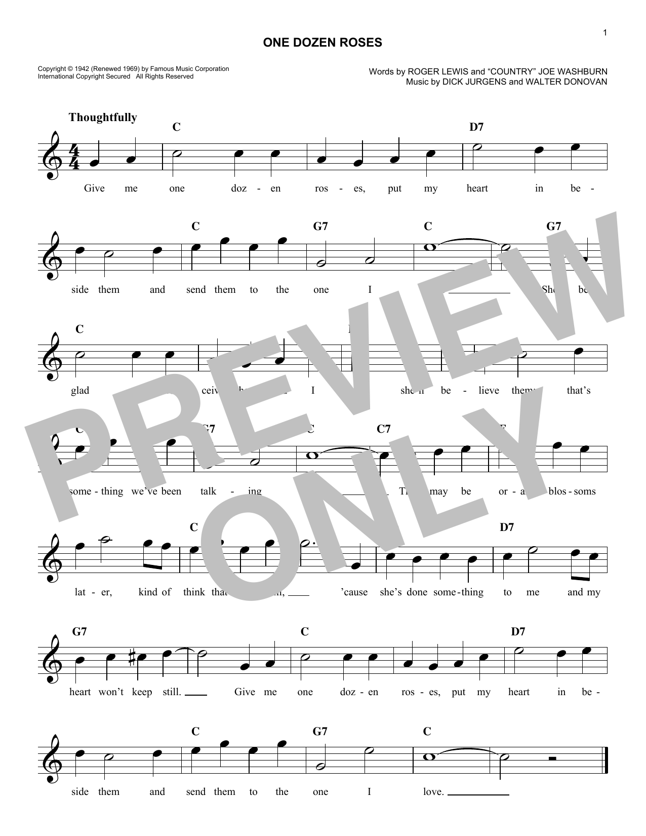 Roger Lewis One Dozen Roses sheet music notes and chords arranged for Easy Lead Sheet / Fake Book