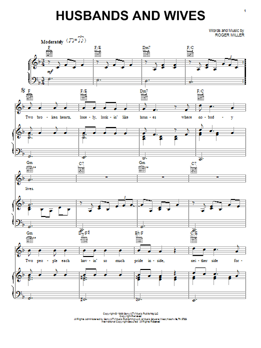 Learn to play Roger Miller Husbands And Wives sheet music for Easy Lead Sheet / Fake Book in minutes. Price: 5.9900$ Roger Miller Husbands And Wives sheet music notes and chords arranged for Easy Lead Sheet / Fake Book