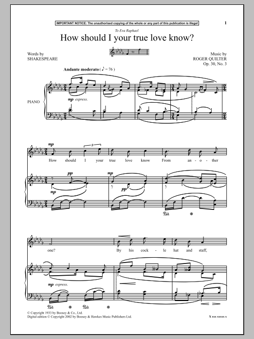 Learn to play Roger Quilter How Should I Your True Love Know? sheet music for Piano & Vocal in minutes. Price: 6.9900$ Roger Quilter How Should I Your True Love Know? sheet music notes and chords arranged for Piano & Vocal
