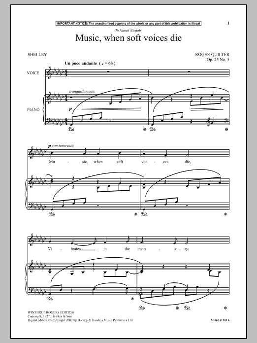 Learn to play Roger Quilter Music, When Soft Voices Die sheet music for Piano Solo in minutes. Roger Quilter Music, When Soft Voices Die sheet music notes and chords