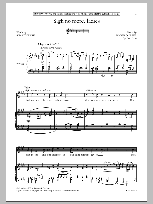 Learn to play Roger Quilter Sigh No More, Ladies sheet music for Piano & Vocal in minutes. Price: 6.9900$ Roger Quilter Sigh No More, Ladies sheet music notes and chords arranged for Piano & Vocal