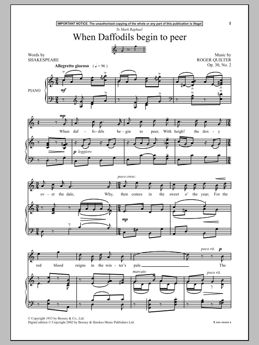 Learn to play Roger Quilter When Daffodils Begin To Peer sheet music for Piano & Vocal in minutes. Price: 6.9900$ Roger Quilter When Daffodils Begin To Peer sheet music notes and chords arranged for Piano & Vocal