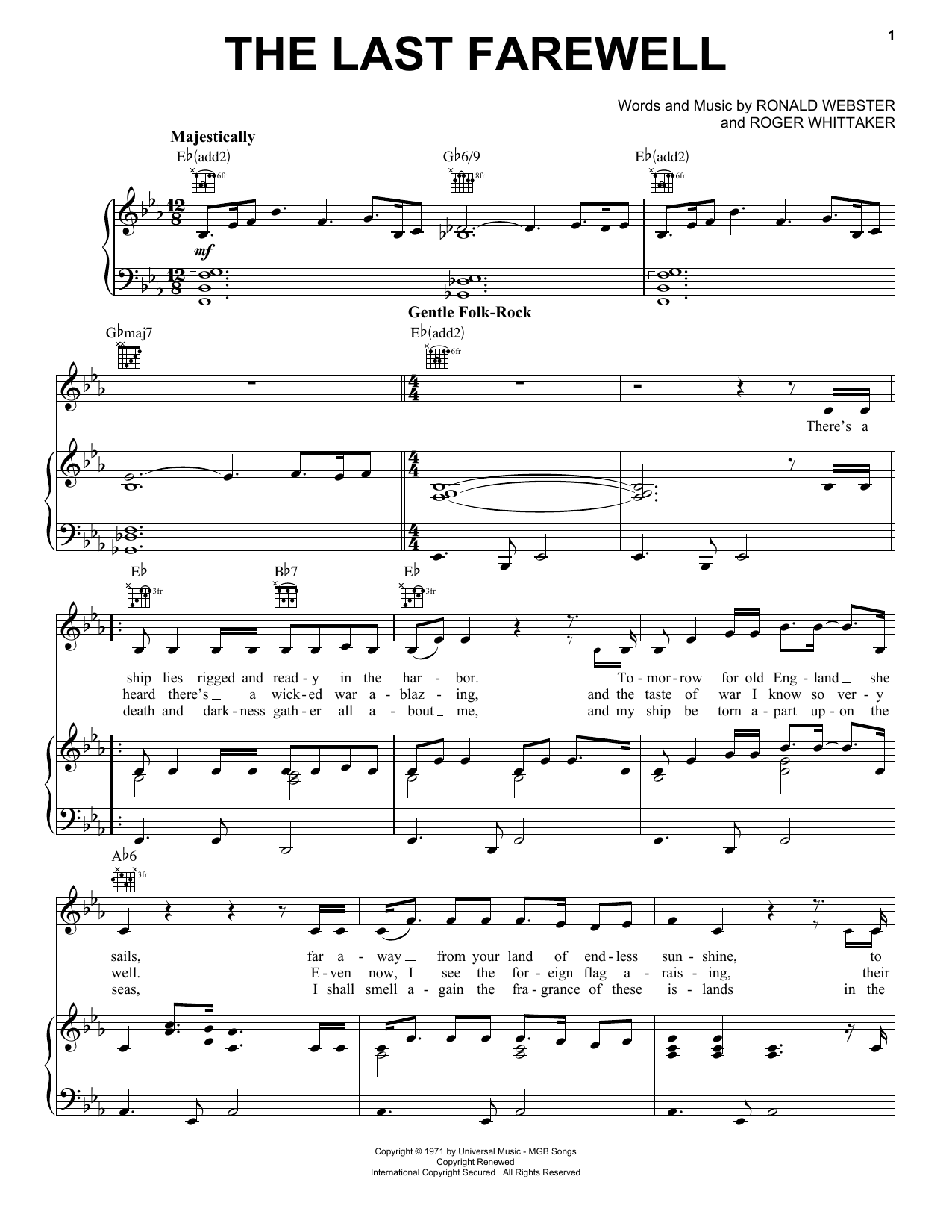 Roger Whittaker The Last Farewell sheet music notes and chords. Download Printable PDF.