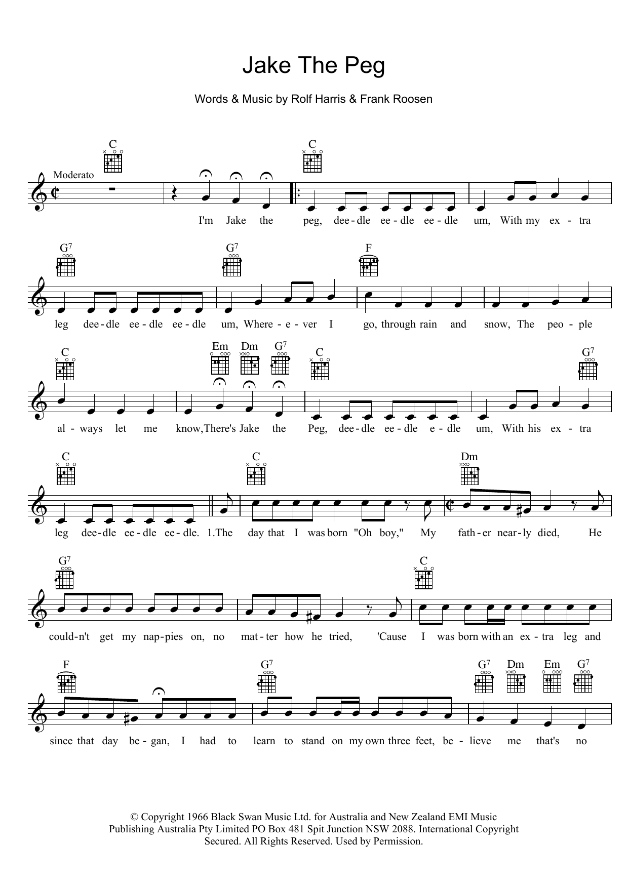 Jake the peg sheet music by rolf harris lead sheet fake boo