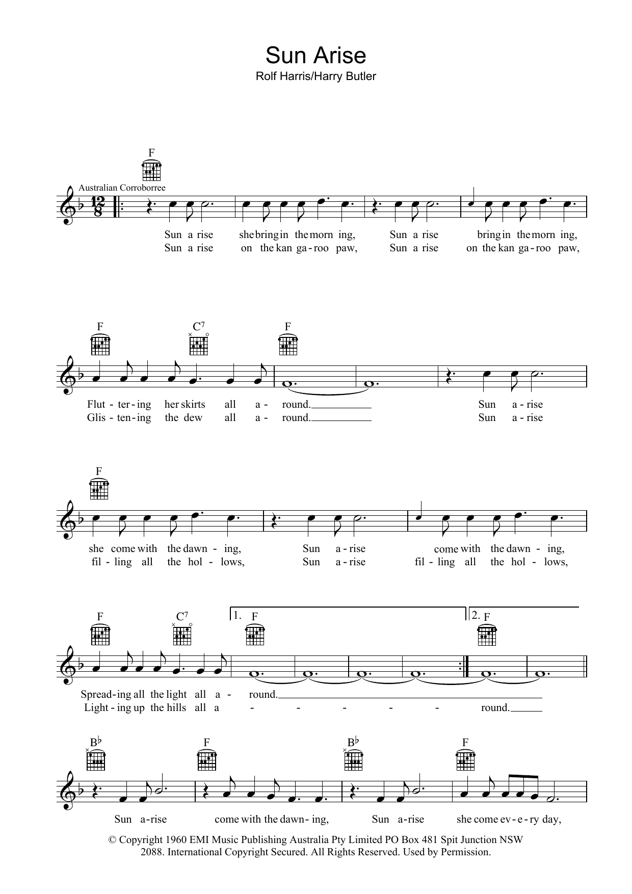 Rolf Harris Sun Arise sheet music notes and chords. Download Printable PDF.