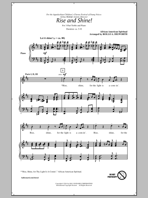 Learn to play Rollo Dilworth 'Rise And Shine! sheet music for 3-Part Treble Choir in minutes. Price: 3.9900$ Rollo Dilworth 'Rise And Shine! sheet music notes and chords arranged for 3-Part Treble Choir