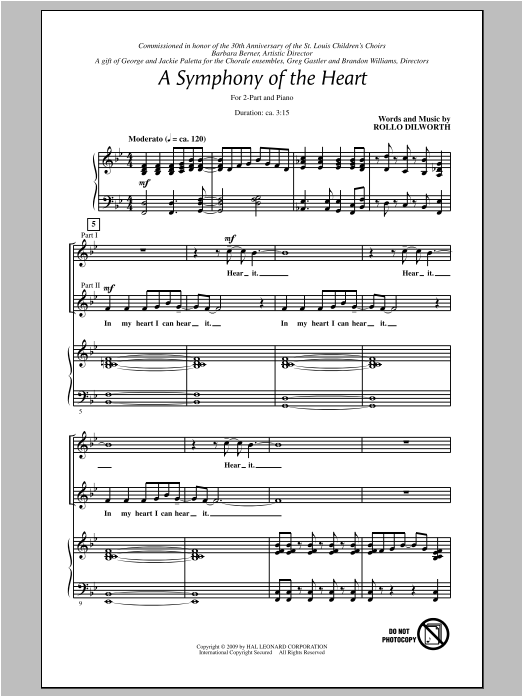 Learn to play Rollo Dilworth A Symphony Of The Heart sheet music for 2-Part Choir in minutes. Price: 3.9900$ Rollo Dilworth A Symphony Of The Heart sheet music notes and chords arranged for 2-Part Choir