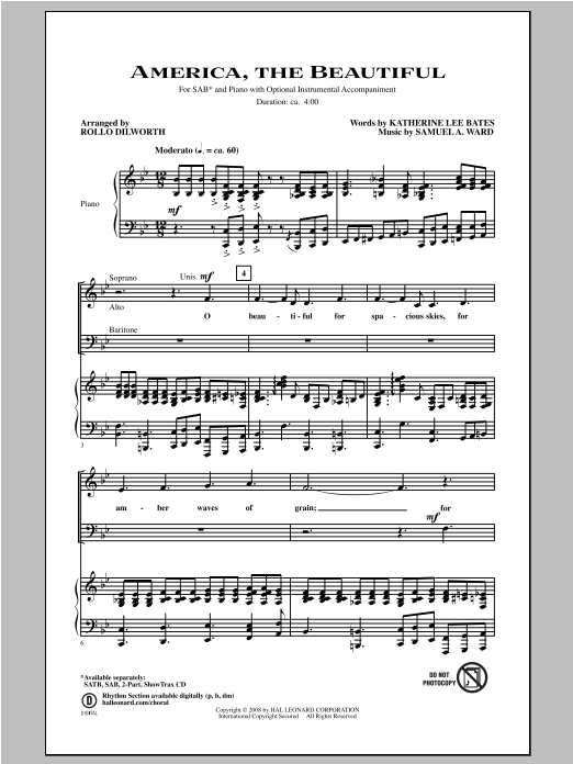 Learn to play Rollo Dilworth America, The Beautiful sheet music for SATB Choir in minutes. Price: 3.9900$ Rollo Dilworth America, The Beautiful sheet music notes and chords arranged for SATB Choir
