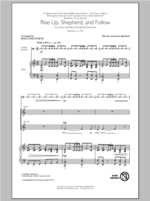 Learn to play Traditional Spiritual Rise Up, Shepherd, And Follow (arr. Rollo Dilworth) sheet music for 2-Part Choir in minutes. Price: 3.9900$ Traditional Spiritual Rise Up, Shepherd, And Follow (arr. Rollo Dilworth) sheet music notes and chords arranged for 2-Part Choir