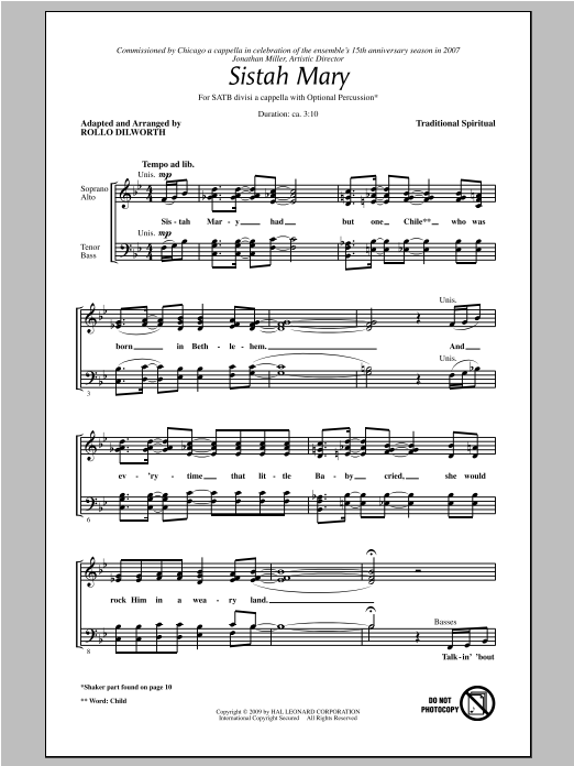 Rollo Dilworth Sistah Mary sheet music notes and chords. Download Printable PDF.