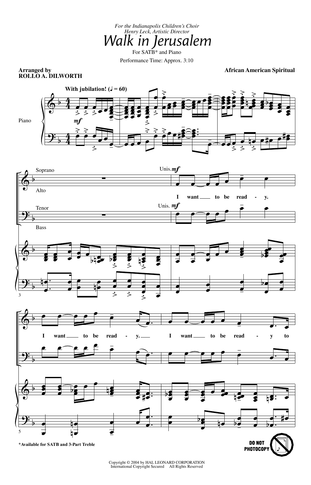 Learn to play Rollo Dilworth Walk In Jerusalem sheet music for 3-Part Treble Choir in minutes. Price: 3.9900$ Rollo Dilworth Walk In Jerusalem sheet music notes and chords arranged for 3-Part Treble Choir