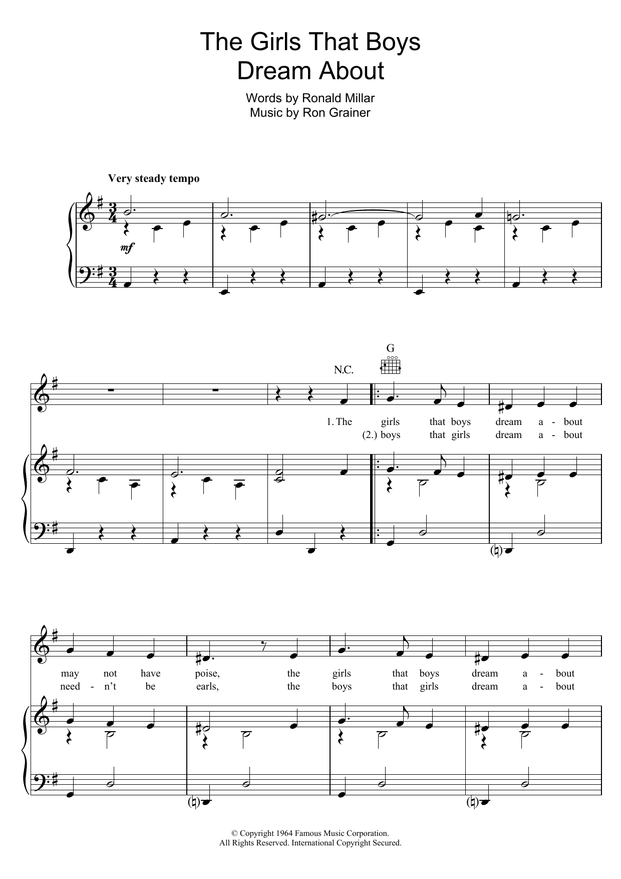 Learn to play Ron Grainer The Girls That Boys Dream About sheet music for Piano, Vocal & Guitar (Right-Hand Melody) in minutes. Price: 7.8900$ Ron Grainer The Girls That Boys Dream About sheet music notes and chords. Download Printable PDF.