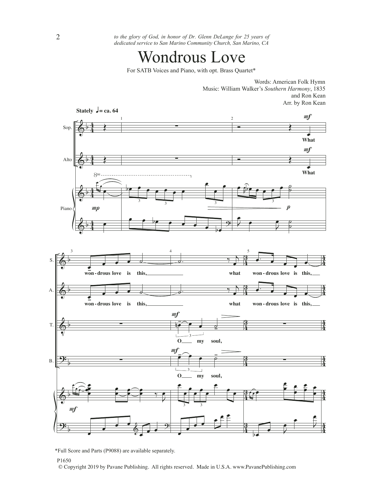 Ron Kean Wondrous Love sheet music notes and chords. Download Printable PDF.