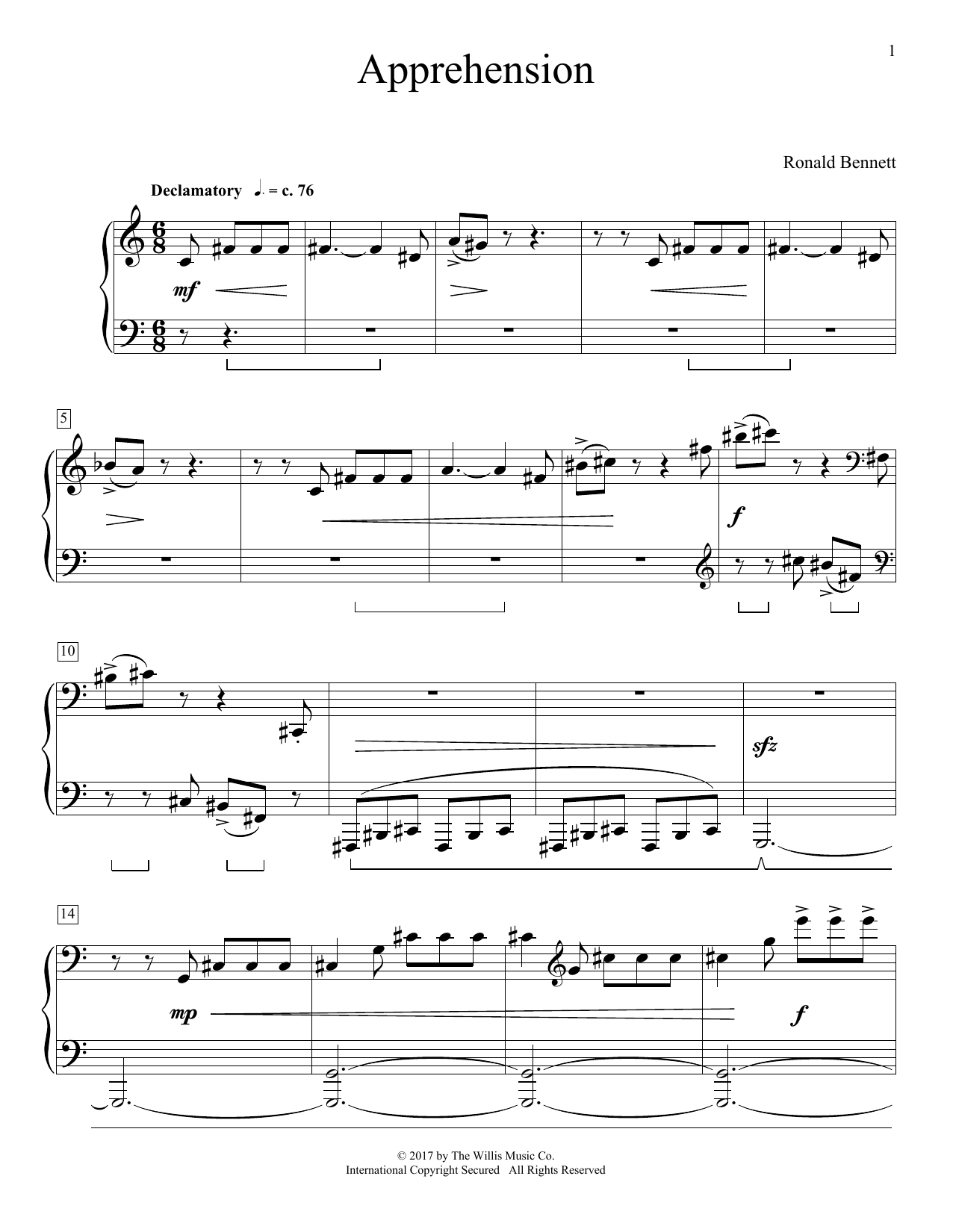 Ronald Bennett Apprehension sheet music notes and chords. Download Printable PDF.