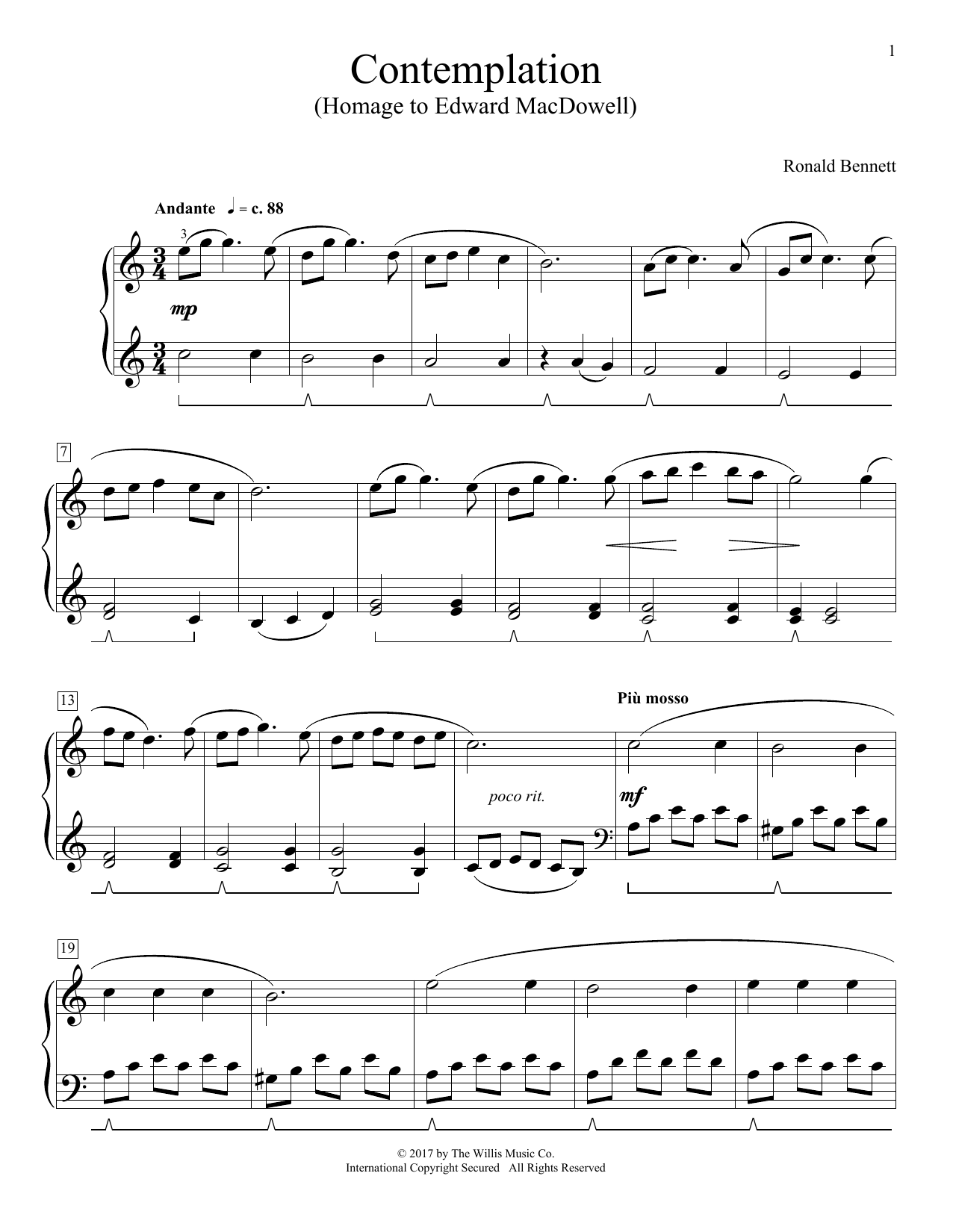 Learn to play Ronald Bennett Contemplation (Homage To Edward MacDowell) sheet music for Educational Piano in minutes. Ronald Bennett Contemplation (Homage To Edward MacDowell) sheet music notes and chords. Download Printable PDF.