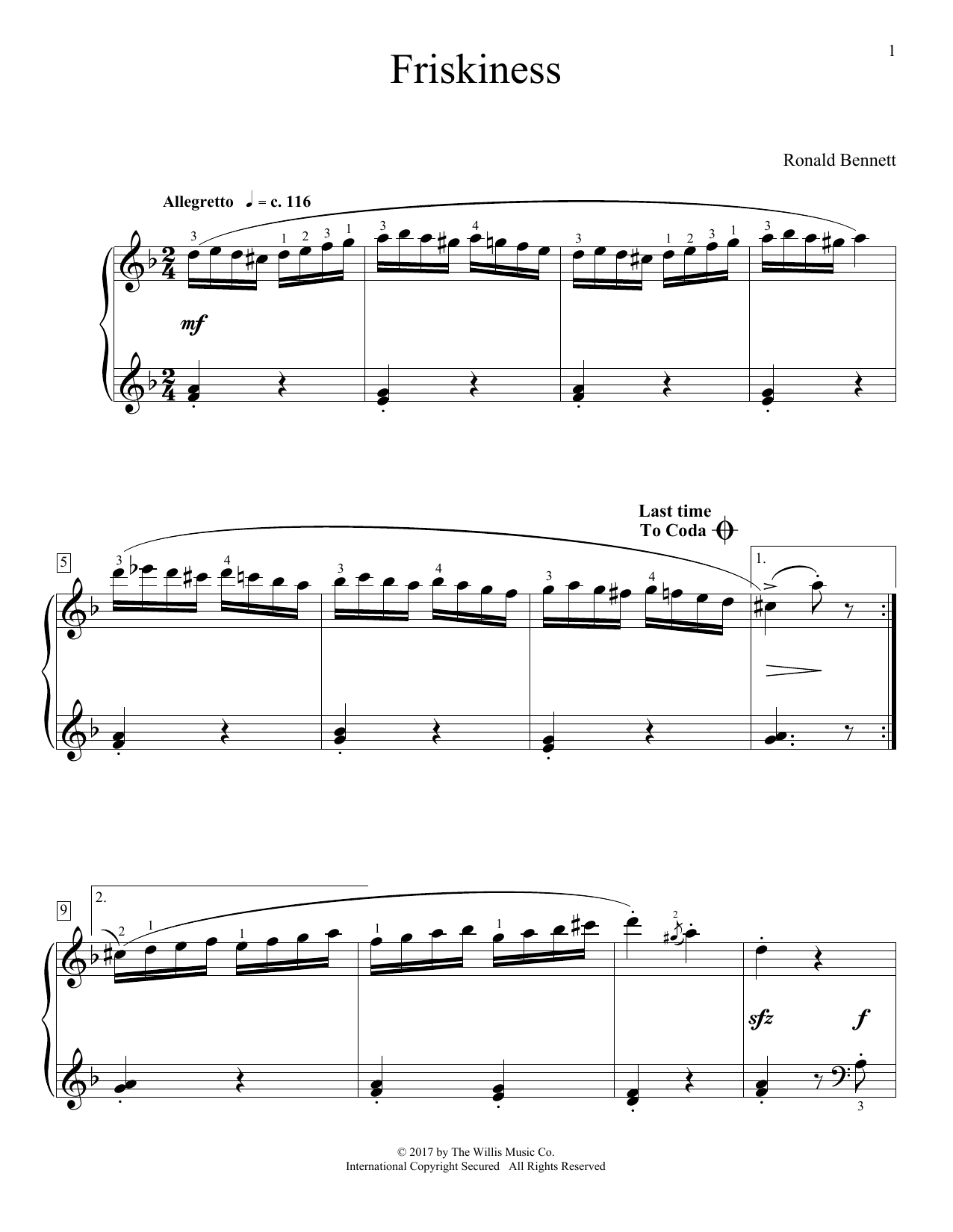 Ronald Bennett Friskiness sheet music notes and chords. Download Printable PDF.