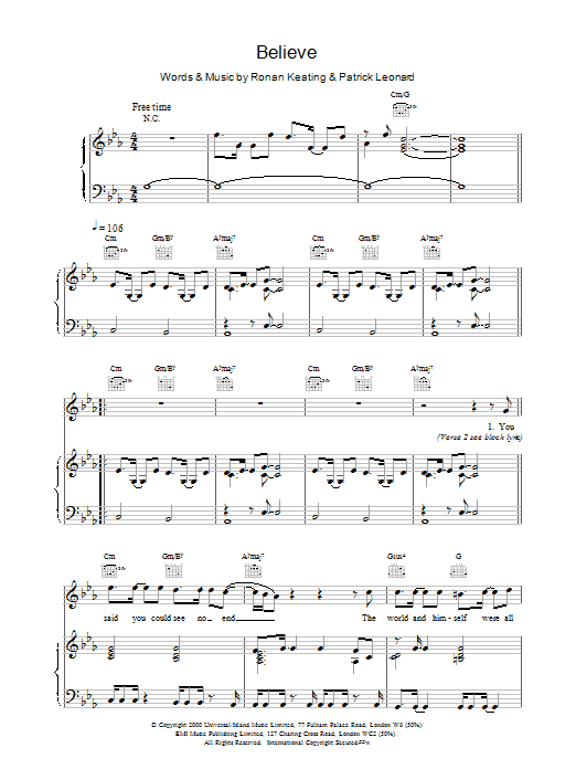 Ronan Keating Believe sheet music notes and chords. Download Printable PDF.