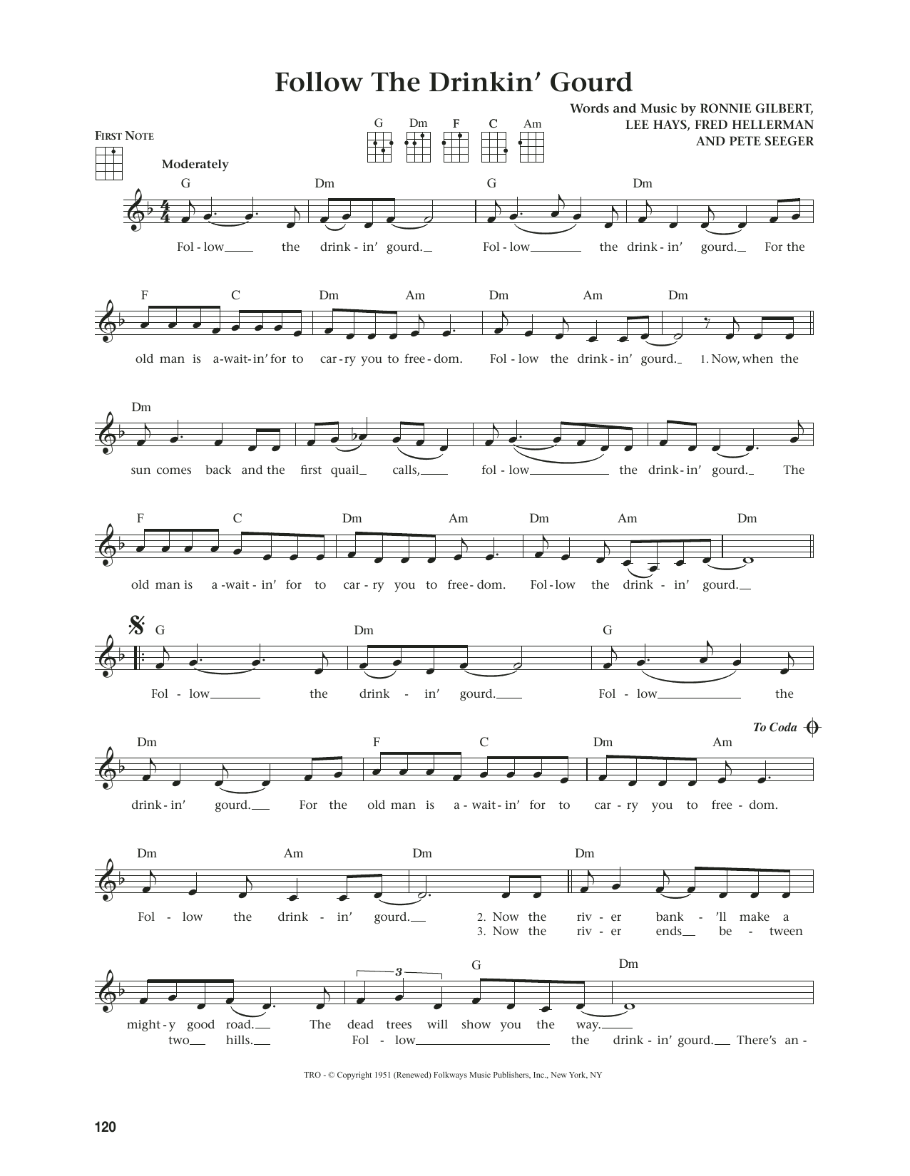 Ronnie Gilbert Follow The Drinkin' Gourd (from The Daily Ukulele) (arr. Jim Beloff) sheet music notes and chords. Download Printable PDF.