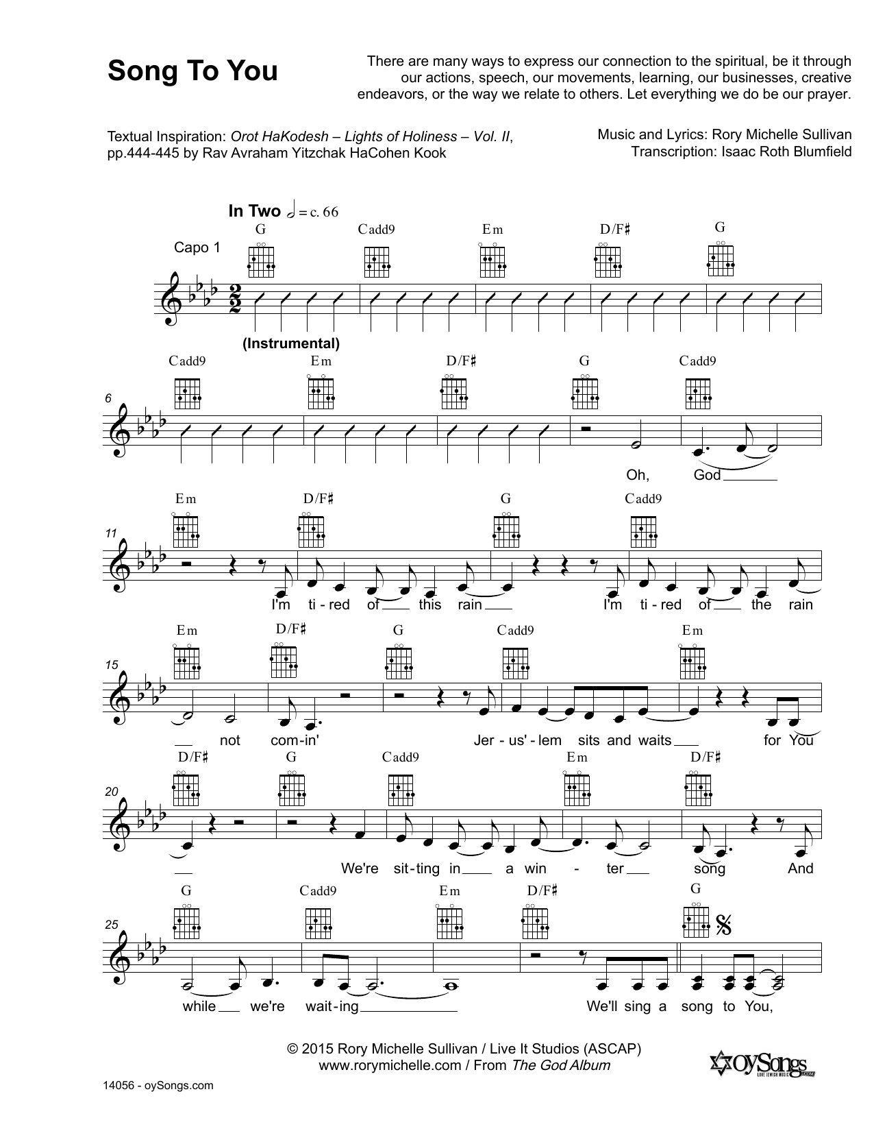 Learn to play Rory Michelle Sullivan Song To You sheet music for Lead Sheet / Fake Book in minutes. Price: 5.9900$ Rory Michelle Sullivan Song To You sheet music notes and chords arranged for Lead Sheet / Fake Book