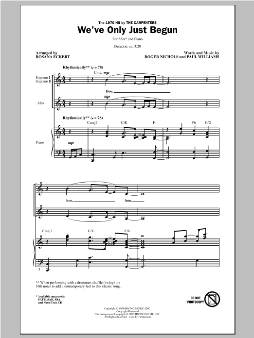 Carpenters We've Only Just Begun (arr. Rosana Eckert) sheet music notes and chords. Download Printable PDF.